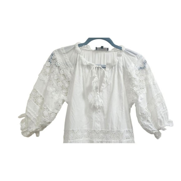 En Saison White Eyelet Midi Dress XS Boho Lace Peasant Summer Cottagecore Flowy - Picture 3 of 11